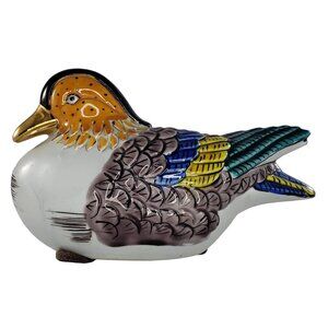 Vintage Japanese Kutani Mandarin Duck Bird Figurine Painted Gilded Porcelain